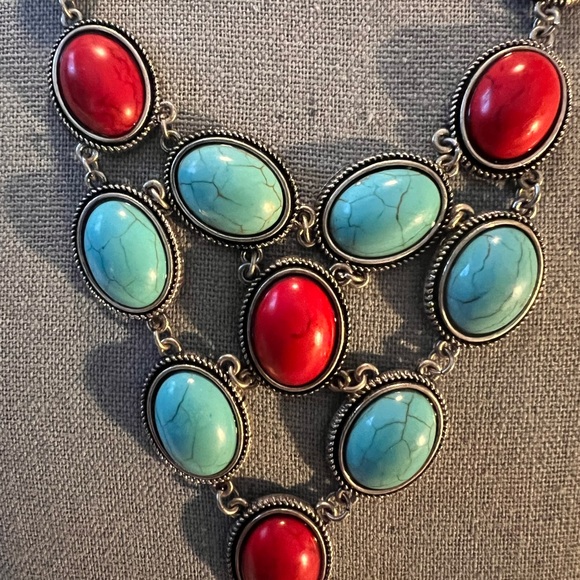 Firm Boho Multi Faux Turquoise and Coral Statement Bib Necklace - Picture 2 of 4